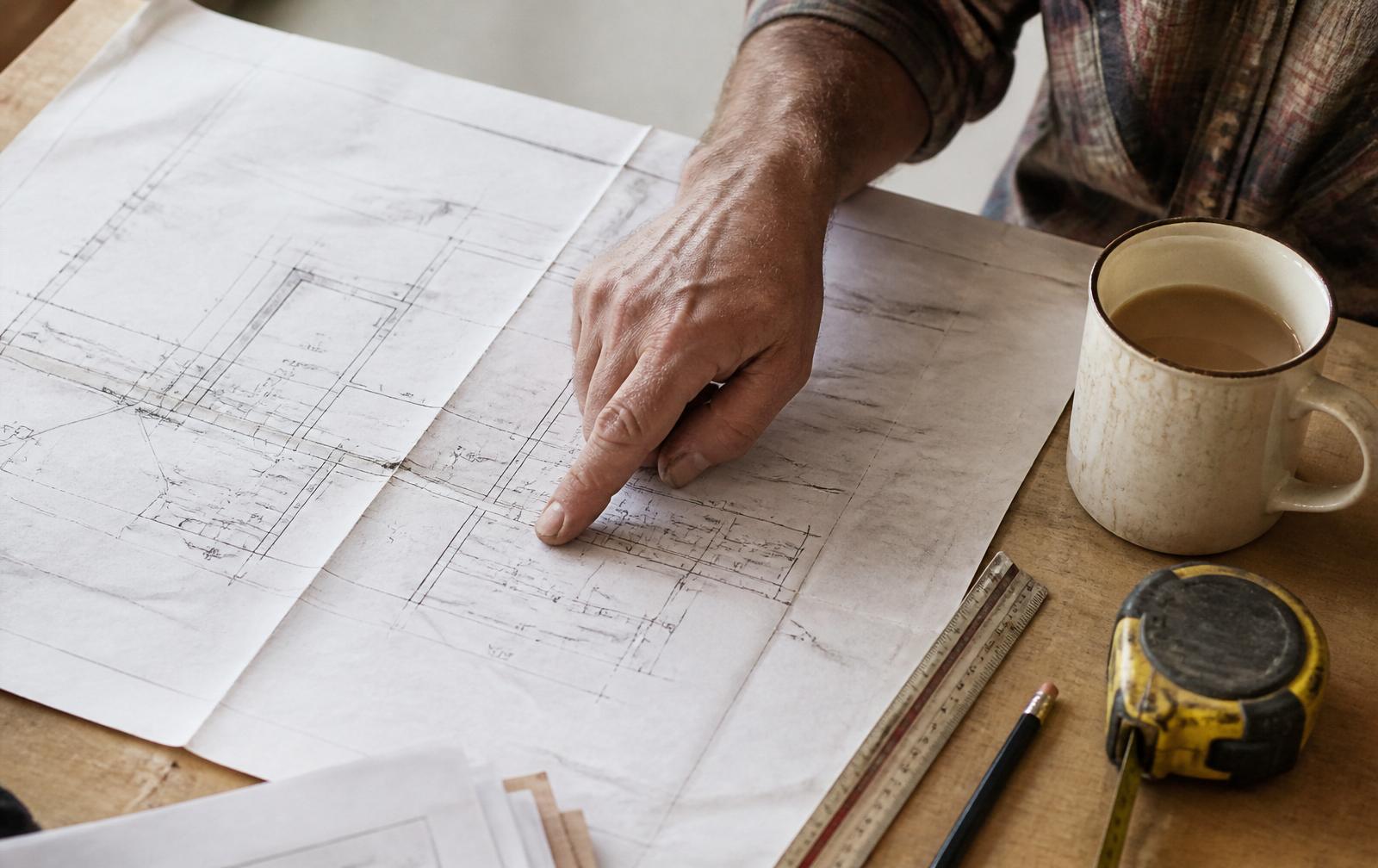 Construction blueprint with hard hat and tape measure